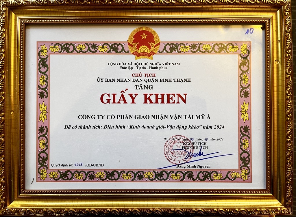 Giấy khen Kinh doanh giỏi - Vận động khéo năm 2024 do Chủ tịch UBND quận Bình Thạnh trao tặng